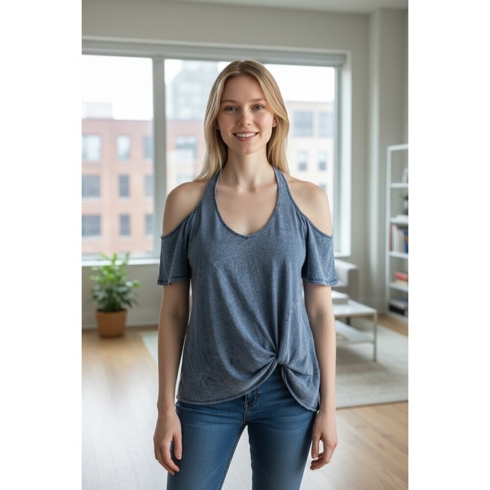 True Craft Women's Denim Blue Cold Shoulder Top
